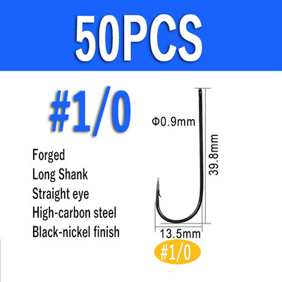 Wifreo 50 de bucăți cârlig de pește cu tijă lungă Aberdeen, cu ochi inelat, păstrăv, cârlige de pescuit cu apă dulce, de mare, Sabiki Rig, cârlig de zburătoare