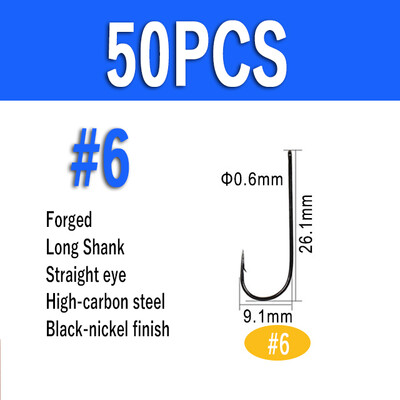 Wifreo 50 de bucăți cârlig de pește cu tijă lungă Aberdeen, cu ochi inelat, păstrăv, cârlige de pescuit cu apă dulce, de mare, Sabiki Rig, cârlig de zburătoare