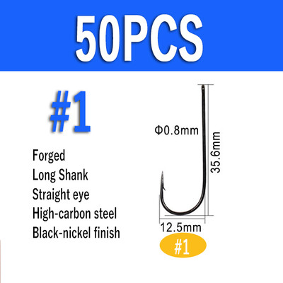 Wifreo 50 de bucăți cârlig de pește cu tijă lungă Aberdeen, cu ochi inelat, păstrăv, cârlige de pescuit cu apă dulce, de mare, Sabiki Rig, cârlig de zburătoare