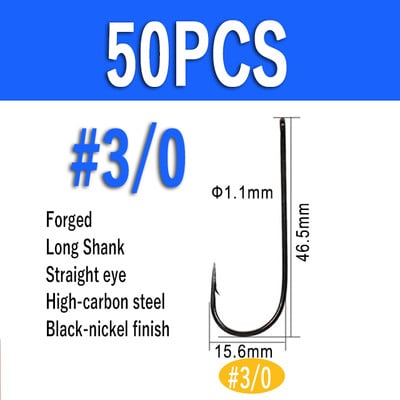 Wifreo 50 de bucăți cârlig de pește cu tijă lungă Aberdeen, cu ochi inelat, păstrăv, cârlige de pescuit cu apă dulce, de mare, Sabiki Rig, cârlig de zburătoare