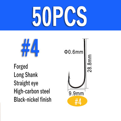 Wifreo 50 de bucăți cârlig de pește cu tijă lungă Aberdeen, cu ochi inelat, păstrăv, cârlige de pescuit cu apă dulce, de mare, Sabiki Rig, cârlig de zburătoare