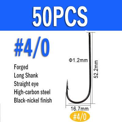 Wifreo 50 de bucăți cârlig de pește cu tijă lungă Aberdeen, cu ochi inelat, păstrăv, cârlige de pescuit cu apă dulce, de mare, Sabiki Rig, cârlig de zburătoare