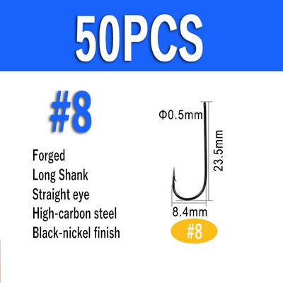 Wifreo 50 de bucăți cârlig de pește cu tijă lungă Aberdeen, cu ochi inelat, păstrăv, cârlige de pescuit cu apă dulce, de mare, Sabiki Rig, cârlig de zburătoare