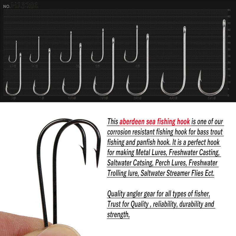 Wifreo 50 de bucăți cârlig de pește cu tijă lungă Aberdeen, cu ochi inelat, păstrăv, cârlige de pescuit cu apă dulce, de mare, Sabiki Rig, cârlig de zburătoare