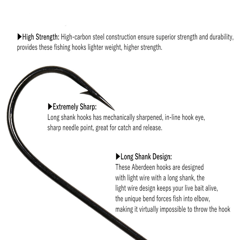 Wifreo 50 de bucăți cârlig de pește cu tijă lungă Aberdeen, cu ochi inelat, păstrăv, cârlige de pescuit cu apă dulce, de mare, Sabiki Rig, cârlig de zburătoare