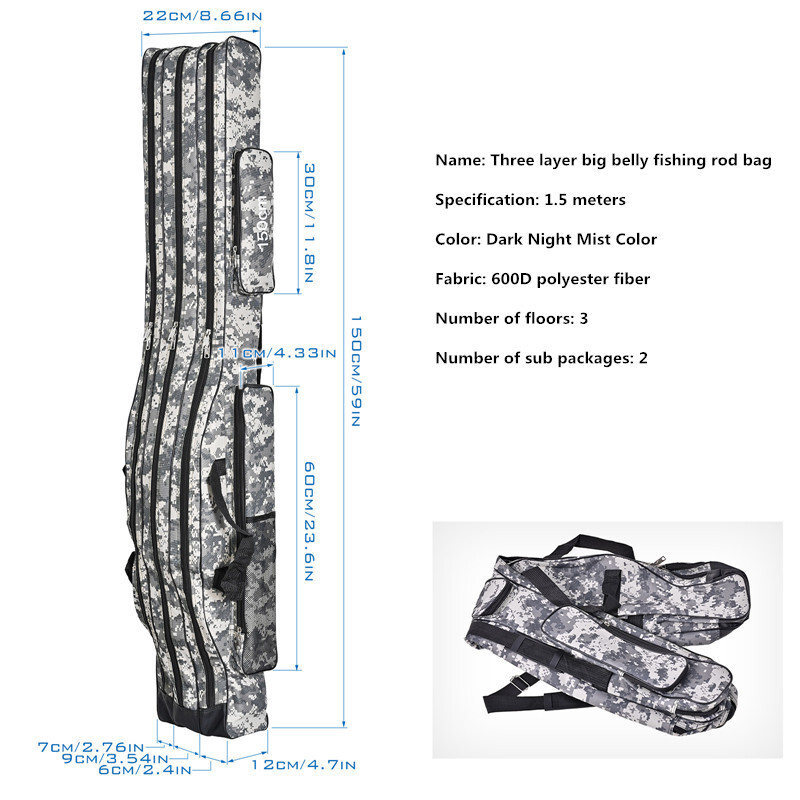 1,2 m/1,5 m trojvrstvová skladacia taška na morský rybolov s veľkým bruchom, taška na rybársky prút s dvojitým ramenom, sada náradia na vonkajšie skladovanie
