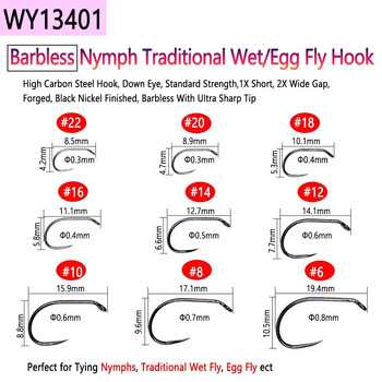 Bimoo 50 бр. Кука за връзване на мухи с високо въглеродна стомана и без бодли за суха мокра джиг Nymph Jig Nymph Egg Caddis Pupa Fly Trout примамка за риболов