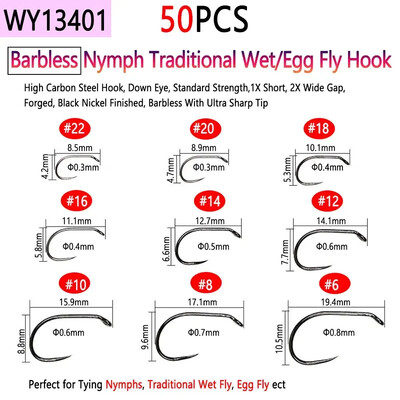 Bimoo 50 komada visokougljičnog čelika i udica za vezanje mušica bez ivica za suhi mokri mamac za ribolov Nymph Jig Nymph Egg Caddis Pupa Fly Trout