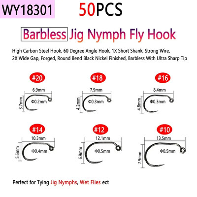 Bimoo 50 komada visokougljičnog čelika i udica za vezanje mušica bez ivica za suhi mokri mamac za ribolov Nymph Jig Nymph Egg Caddis Pupa Fly Trout