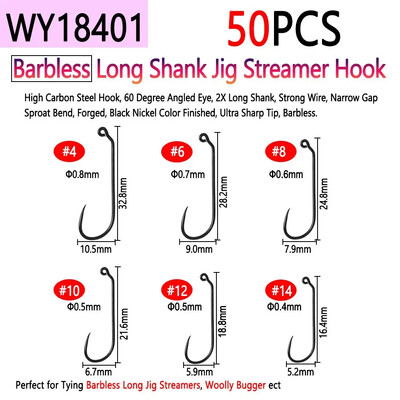 Bimoo 50 komada visokougljičnog čelika i udica za vezanje mušica bez ivica za suhi mokri mamac za ribolov Nymph Jig Nymph Egg Caddis Pupa Fly Trout