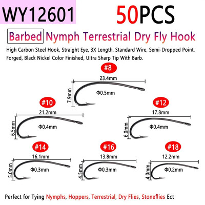 Bimoo 50 komada visokougljičnog čelika i udica za vezanje mušica bez ivica za suhi mokri mamac za ribolov Nymph Jig Nymph Egg Caddis Pupa Fly Trout
