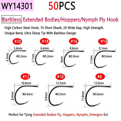 Bimoo 50 komada visokougljičnog čelika i udica za vezanje mušica bez ivica za suhi mokri mamac za ribolov Nymph Jig Nymph Egg Caddis Pupa Fly Trout