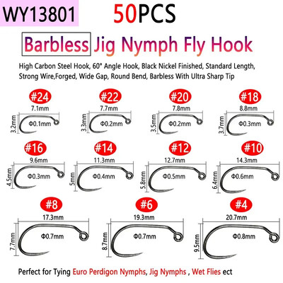 Bimoo 50 komada visokougljičnog čelika i udica za vezanje mušica bez ivica za suhi mokri mamac za ribolov Nymph Jig Nymph Egg Caddis Pupa Fly Trout