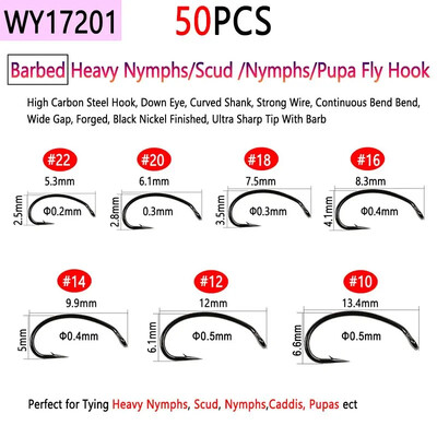 Bimoo 50 komada visokougljičnog čelika i udica za vezanje mušica bez ivica za suhi mokri mamac za ribolov Nymph Jig Nymph Egg Caddis Pupa Fly Trout