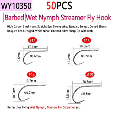 Bimoo 50 komada visokougljičnog čelika i udica za vezanje mušica bez ivica za suhi mokri mamac za ribolov Nymph Jig Nymph Egg Caddis Pupa Fly Trout