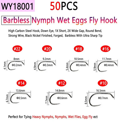 Bimoo 50 komada visokougljičnog čelika i udica za vezanje mušica bez ivica za suhi mokri mamac za ribolov Nymph Jig Nymph Egg Caddis Pupa Fly Trout