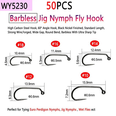 Bimoo 50 komada visokougljičnog čelika i udica za vezanje mušica bez ivica za suhi mokri mamac za ribolov Nymph Jig Nymph Egg Caddis Pupa Fly Trout