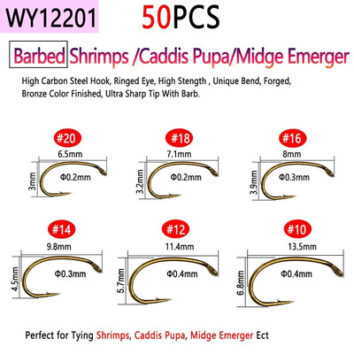 Bimoo 50 komada visokougljičnog čelika i udica za vezanje mušica bez ivica za suhi mokri mamac za ribolov Nymph Jig Nymph Egg Caddis Pupa Fly Trout