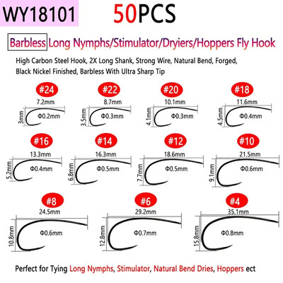 Bimoo 50 komada visokougljičnog čelika i udica za vezanje mušica bez ivica za suhi mokri mamac za ribolov Nymph Jig Nymph Egg Caddis Pupa Fly Trout