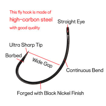 Bimoo 100 БР. Високовъглеродна стоманена извита кука за връзване на мухи за Caddis Pupas Emergers Cripples & Klinkhammer-Style Dry Flies #6-#18