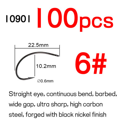 Bimoo 100KOM visokougljičnog čelika zakrivljena udica za vezanje mušica za Caddis Pupas Emergers Cripples & Klinkhammer-Style Dry Flies #6-#18