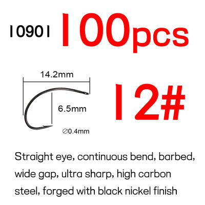 Bimoo 100KOM visokougljičnog čelika zakrivljena udica za vezanje mušica za Caddis Pupas Emergers Cripples & Klinkhammer-Style Dry Flies #6-#18