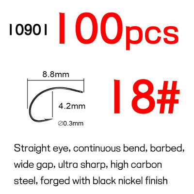 Bimoo 100KOM visokougljičnog čelika zakrivljena udica za vezanje mušica za Caddis Pupas Emergers Cripples & Klinkhammer-Style Dry Flies #6-#18