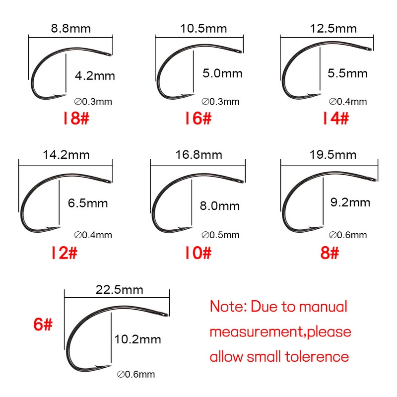 Bimoo 100KOM visokougljičnog čelika zakrivljena udica za vezanje mušica za Caddis Pupas Emergers Cripples & Klinkhammer-Style Dry Flies #6-#18