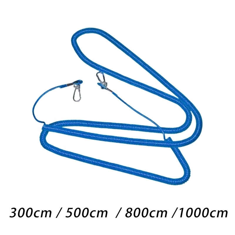 Izvelkama, satīta siksnas makšķerēšanas virves spole ar karabīnes tērauda stieples pagarinājumu
