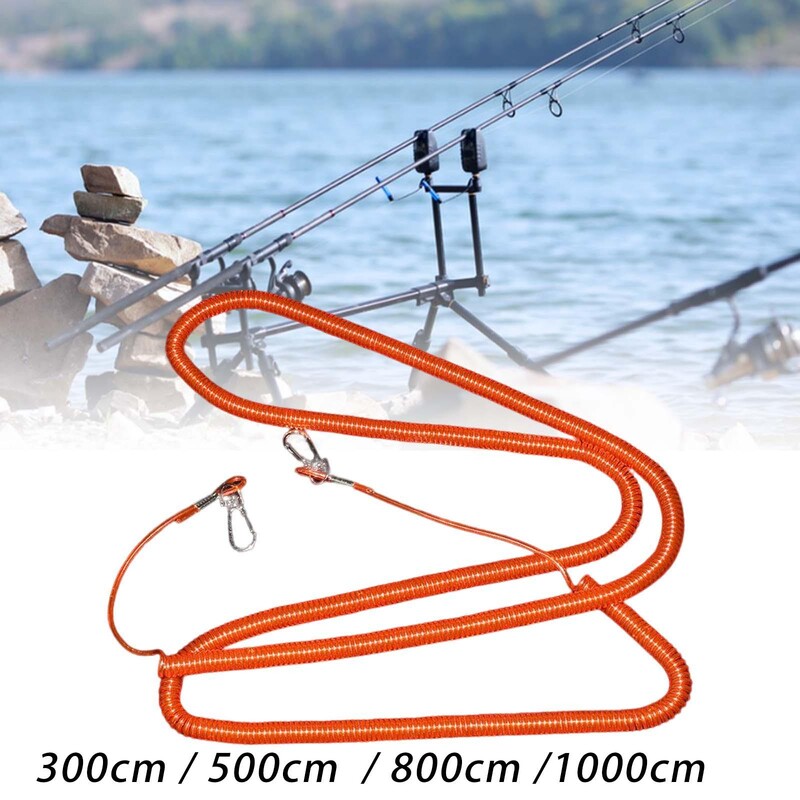 Izvelkama, satīta siksnas makšķerēšanas virves spole ar karabīnes tērauda stieples pagarinājumu