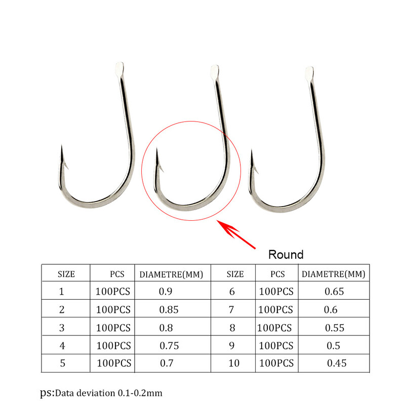100 vnt. daug anglies plieno žvejybos kabliukai, plokšti 421N spygliuoti, apvalūs, išlenkti kabliukai, žvejybos reikmenys, dydis 1#-10#