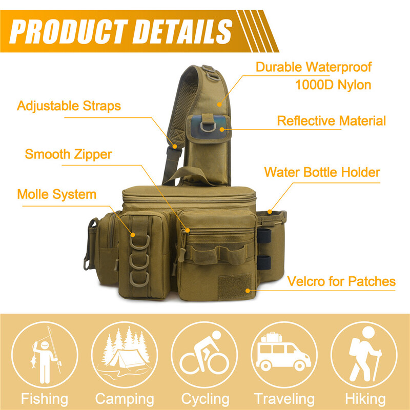 Žvejybos tvarsčių krepšys Crossbody Bag Žvejybos reikmenų kuprinė su meškerykočių ir įrankių laikikliu Lengvas pečių muselių žvejybos komplekto laikymo krepšys