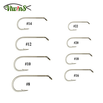 Vtwins 100PCS Куки за връзване на мухи със суха/мокра нимфа Caddis Mayfly Blue Olive Wing Fishhook Round Bend Куки за риболов на пъстърва