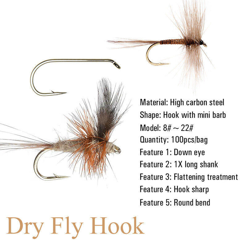 Vtwins 100PCS duge drške suhe/mokre udice za vezanje muhe Caddis Mayfly Blue Olive Wing Udica s okruglim savijanjem Udice za ribolov pastrve