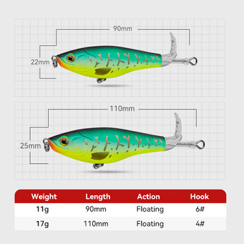 KINGDOM Propeller Topwater Fishing Lures 9cm 11cm Floating Artificial Baits Hard Plopper Μαλακό περιστρεφόμενο εργαλείο ψαρέματος ουράς