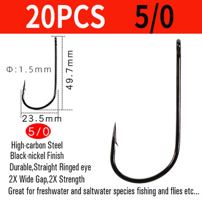 Vtwins 20 ks háčikov na veľké mäsožravé ryby (BGC), 2x pevnosť a široká medzera, šťuka, pižmový ostriež, pstruh, muškársky háčik 1/0 až 6/0