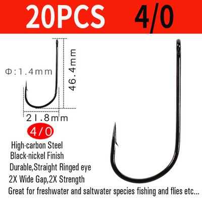 Vtwins 20 ks háčikov na veľké mäsožravé ryby (BGC), 2x pevnosť a široká medzera, šťuka, pižmový ostriež, pstruh, muškársky háčik 1/0 až 6/0