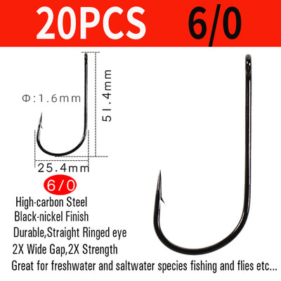 Vtwins 20 ks háčikov na veľké mäsožravé ryby (BGC), 2x pevnosť a široká medzera, šťuka, pižmový ostriež, pstruh, muškársky háčik 1/0 až 6/0