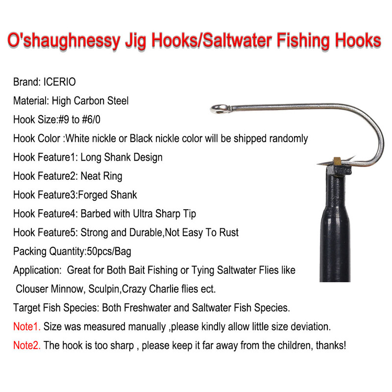 ICERIO 50 KOM O'shaughnessy Jig udice od visokougljičnog čelika/Sea Kirby prstenasta udica Mamci za morski ribolov Udice za vezanje 9#~6/0#
