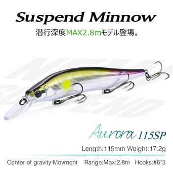 TSURINOYA 115SP Suspending Minnow Jerkbait AURORA 115mm 17,2g τεχνητό σύστημα βάρους βολφραμίου Hard Baits Long Casting Wobbler