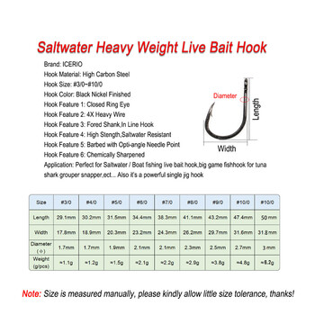 ICERIO #3/0~#10/0 Тежка кука за жива стръв за солена вода 4X Тежка кука с тежка жица за единичен джиг за морски риболов на голяма риба