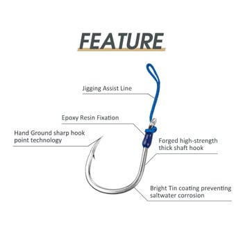 Noeby Heavy Duty Jigging Assist Rig Hooks 3PCs Bright Tin Thick Shaft Hook 4/0 5/0 6/0 7/0 Максимална здравина 149 кг Метални джигови куки