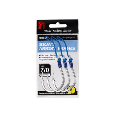 Háčiky Noeby Heavy Duty Jigging Assist Rig, 3 ks, lesklý plech, hrubá háčiková tyč, 4/0, 5/0, 6/0, 7/0, maximálna pevnosť 149 kg, kovové jigové háčiky