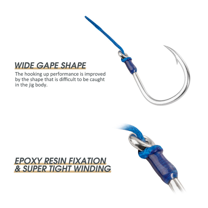 Háčiky Noeby Heavy Duty Jigging Assist Rig, 3 ks, lesklý plech, hrubá háčiková tyč, 4/0, 5/0, 6/0, 7/0, maximálna pevnosť 149 kg, kovové jigové háčiky