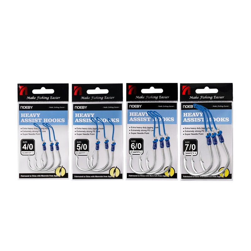 Háčiky Noeby Heavy Duty Jigging Assist Rig, 3 ks, lesklý plech, hrubá háčiková tyč, 4/0, 5/0, 6/0, 7/0, maximálna pevnosť 149 kg, kovové jigové háčiky