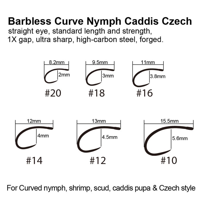 ICERIO 30PCS Black Nikel Curved Nymph Shrimp Scud Caddis Pupa Udica za vezanje muha Standardna češka udica s ravnim okom