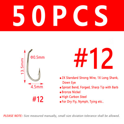 Bimoo 50/200 kom Mušičarska udica za suhu mušicu 2X Standardna žičana udica za nimfe Brončana obrada od nikla Materijal za vezivanje mušica Veličina #8 #10 #12 #14