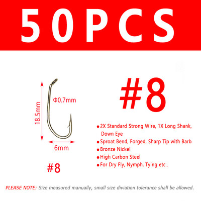 Bimoo 50/200 kom Mušičarska udica za suhu mušicu 2X Standardna žičana udica za nimfe Brončana obrada od nikla Materijal za vezivanje mušica Veličina #8 #10 #12 #14