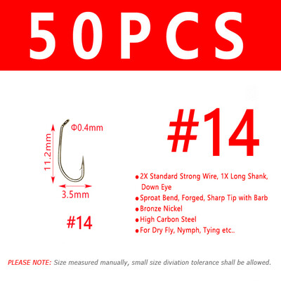 Bimoo 50/200 kom Mušičarska udica za suhu mušicu 2X Standardna žičana udica za nimfe Brončana obrada od nikla Materijal za vezivanje mušica Veličina #8 #10 #12 #14
