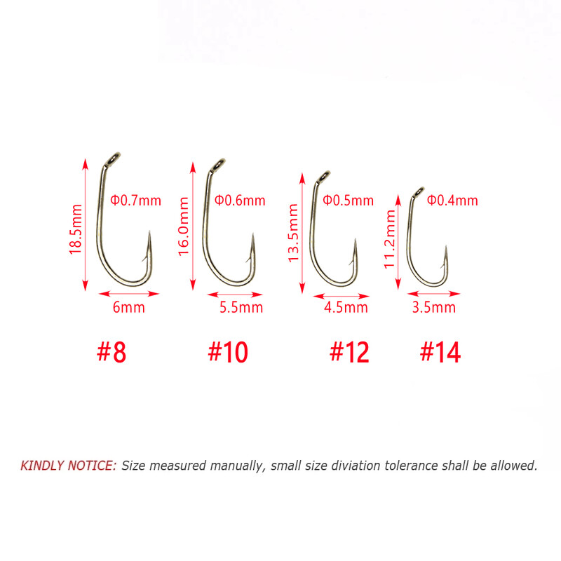 Bimoo 50/200 kom Mušičarska udica za suhu mušicu 2X Standardna žičana udica za nimfe Brončana obrada od nikla Materijal za vezivanje mušica Veličina #8 #10 #12 #14